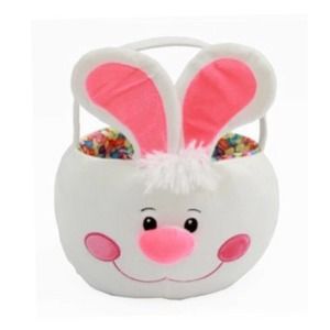 Pink & White Plush Easter Bunny Easter Basket Rabbit & Jelly Bean Centerpiece